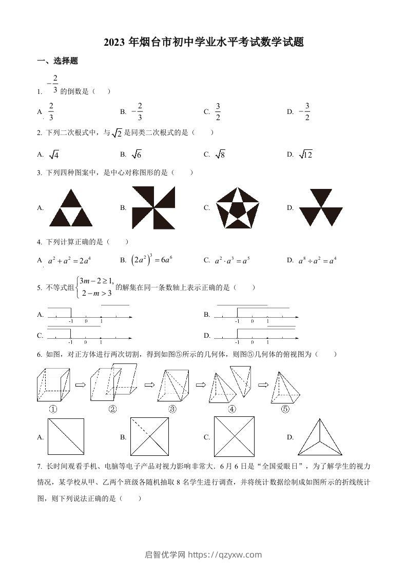 2023年山东省烟台市中考数学真题（空白卷）-启智优学网