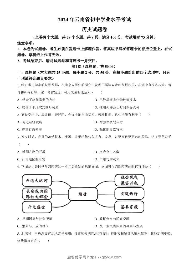 2024年云南省中考历史真题（空白卷）-启智优学网