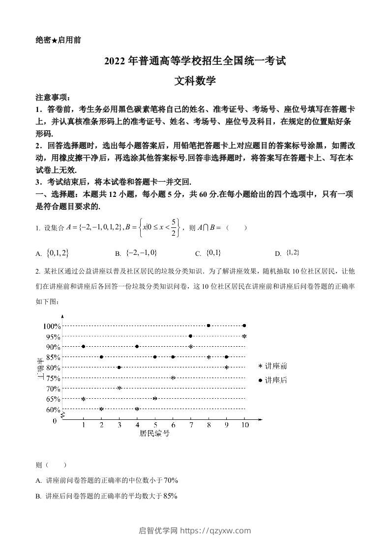 2022年高考数学试卷（文）（全国甲卷）（空白卷）-启智优学网