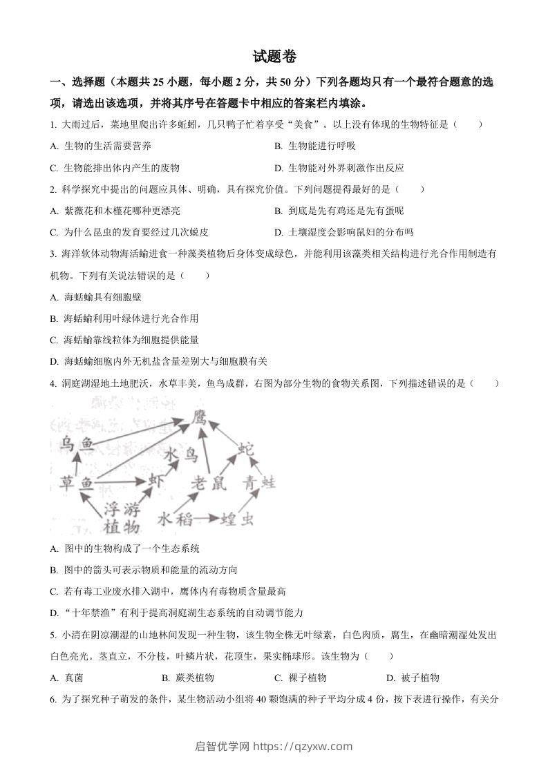 2023年湖南益阳中考生物真题（空白卷）-启智优学网