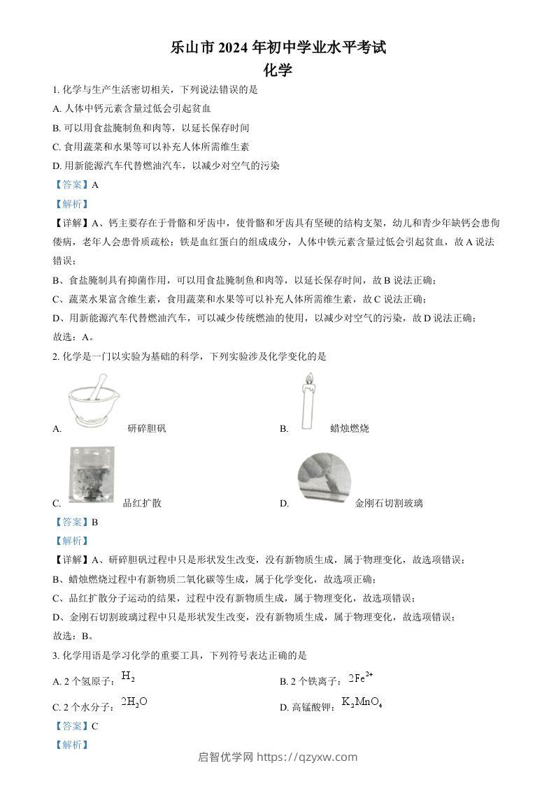 2024年四川省乐山市中考化学真题（含答案）-启智优学网