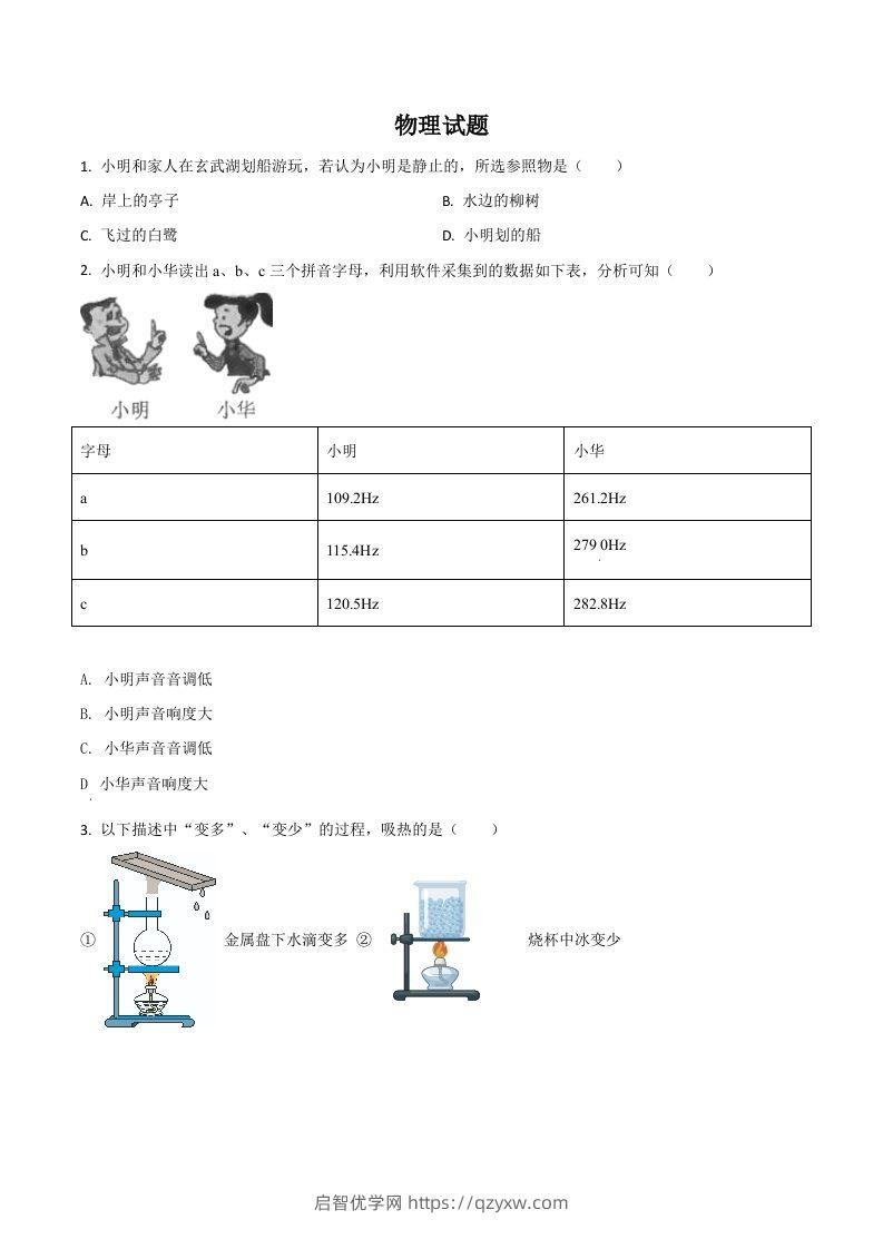 江苏省南京市2021年中考物理试题（空白卷）-启智优学网