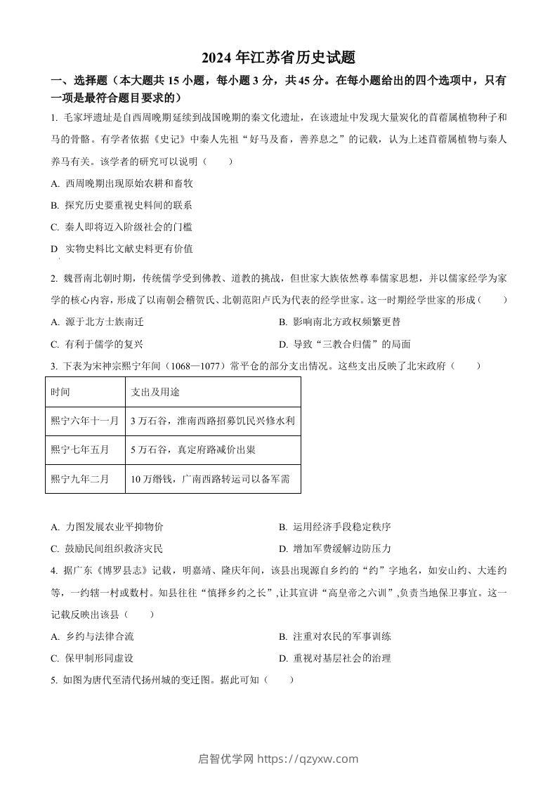 2024年高考历史试卷（江苏）（空白卷）-启智优学网