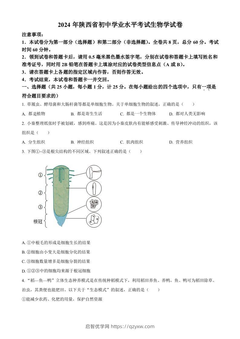 2024年陕西省中考生物真题（空白卷）-启智优学网