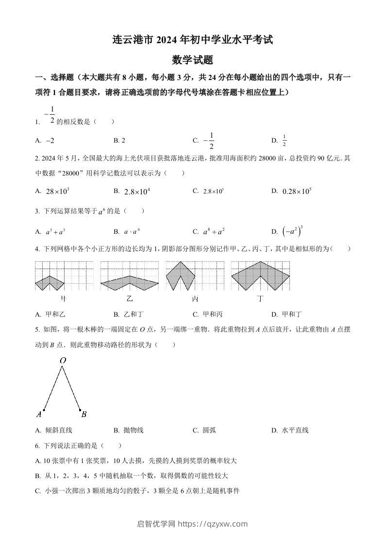 2024年江苏省连云港市中考真题数学试卷（空白卷）-启智优学网