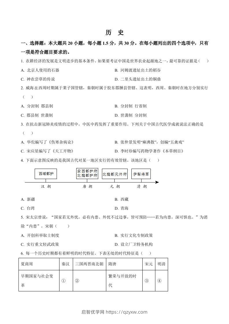 2022年山东省威海市中考历史真题（空白卷）-启智优学网