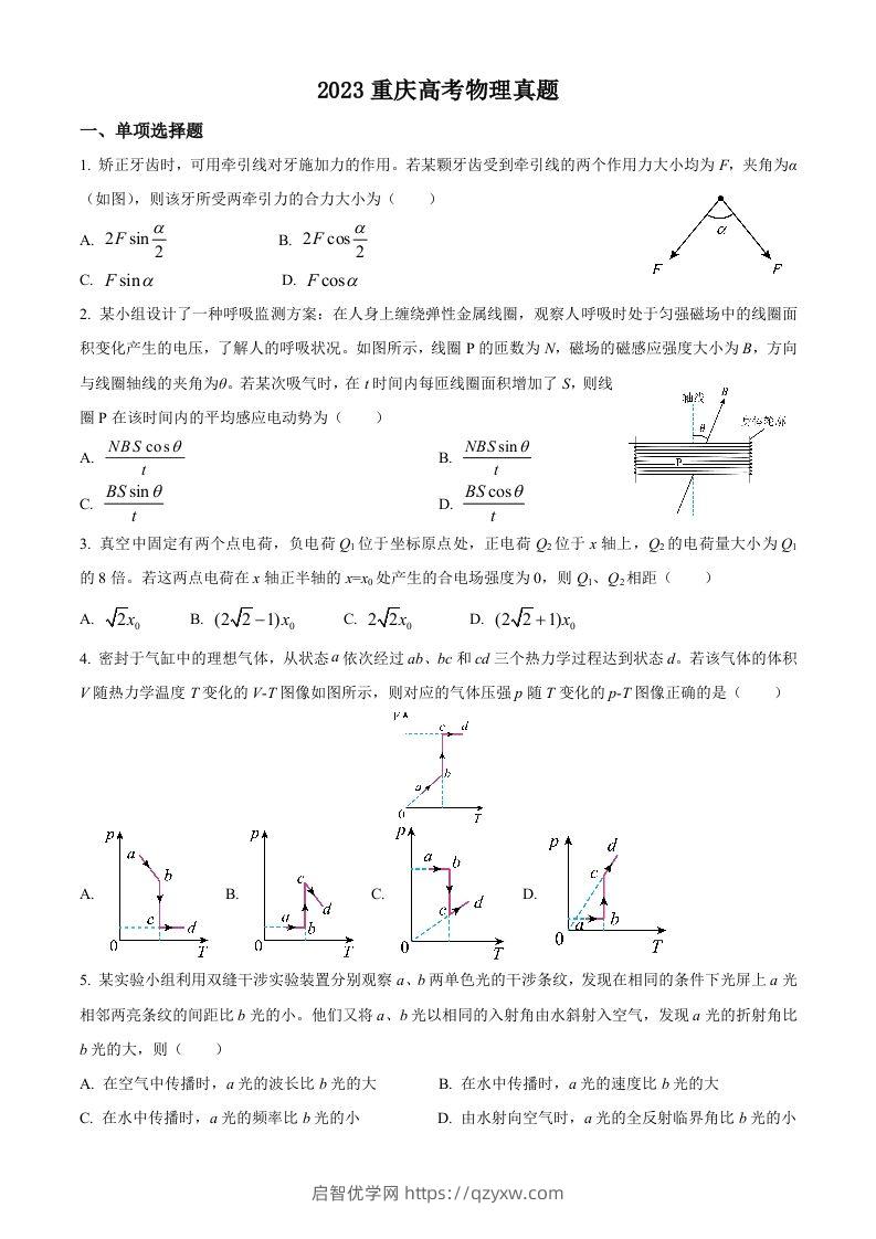 2023年高考物理试卷（重庆）（空白卷）-启智优学网