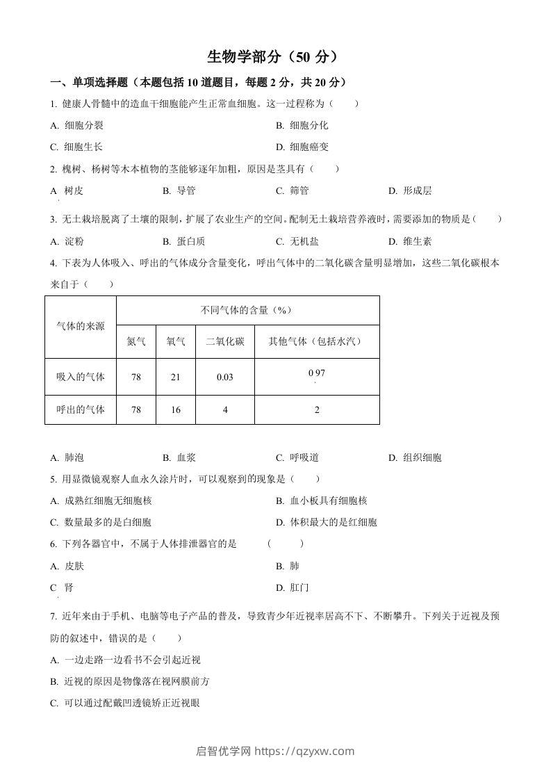 2024年甘肃省天水市中考生物试题（空白卷）-启智优学网