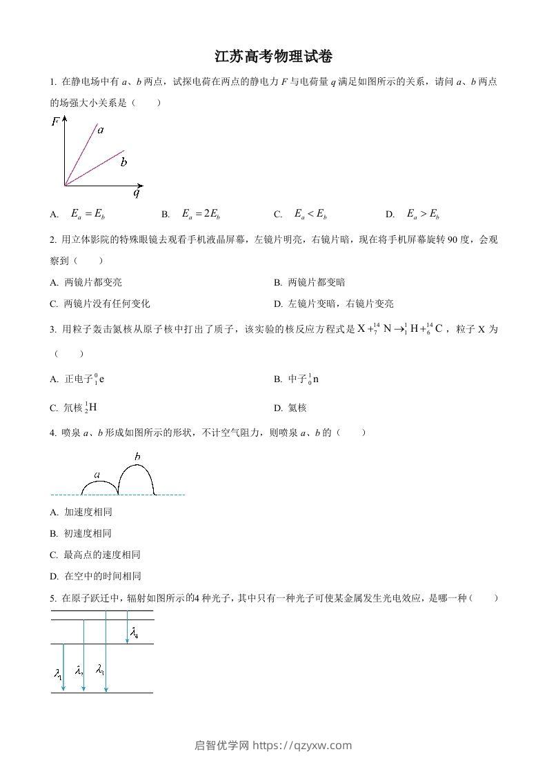 2024年高考物理试卷（江苏）（回忆版）（空白卷）缺第8题、第16题-启智优学网