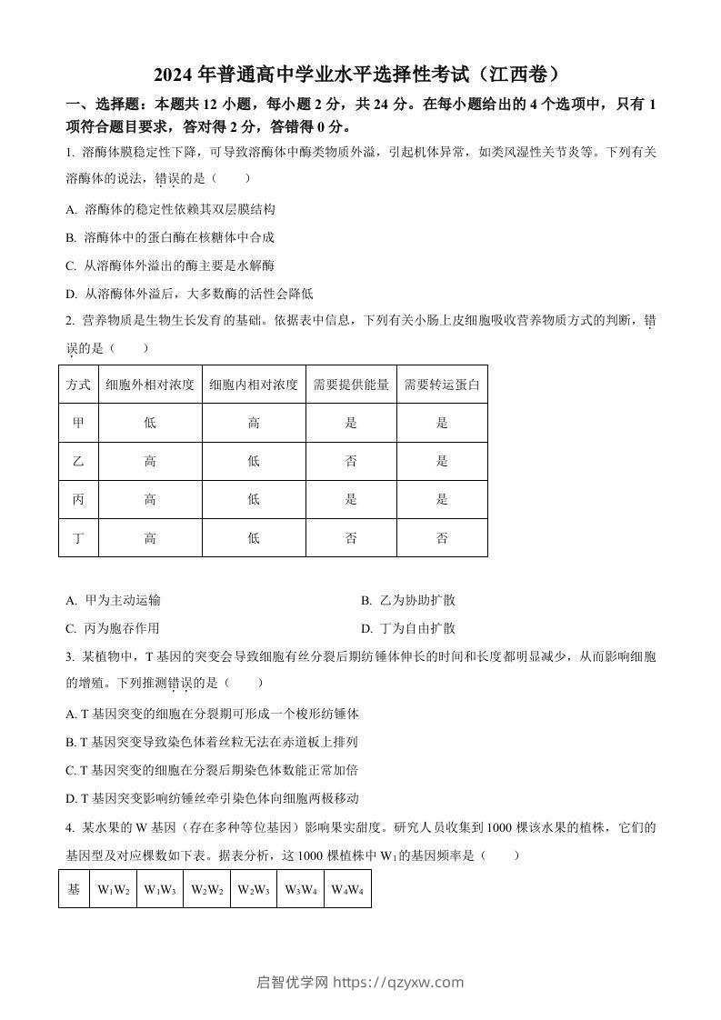 2024年高考生物试卷（江西）（空白卷）-启智优学网