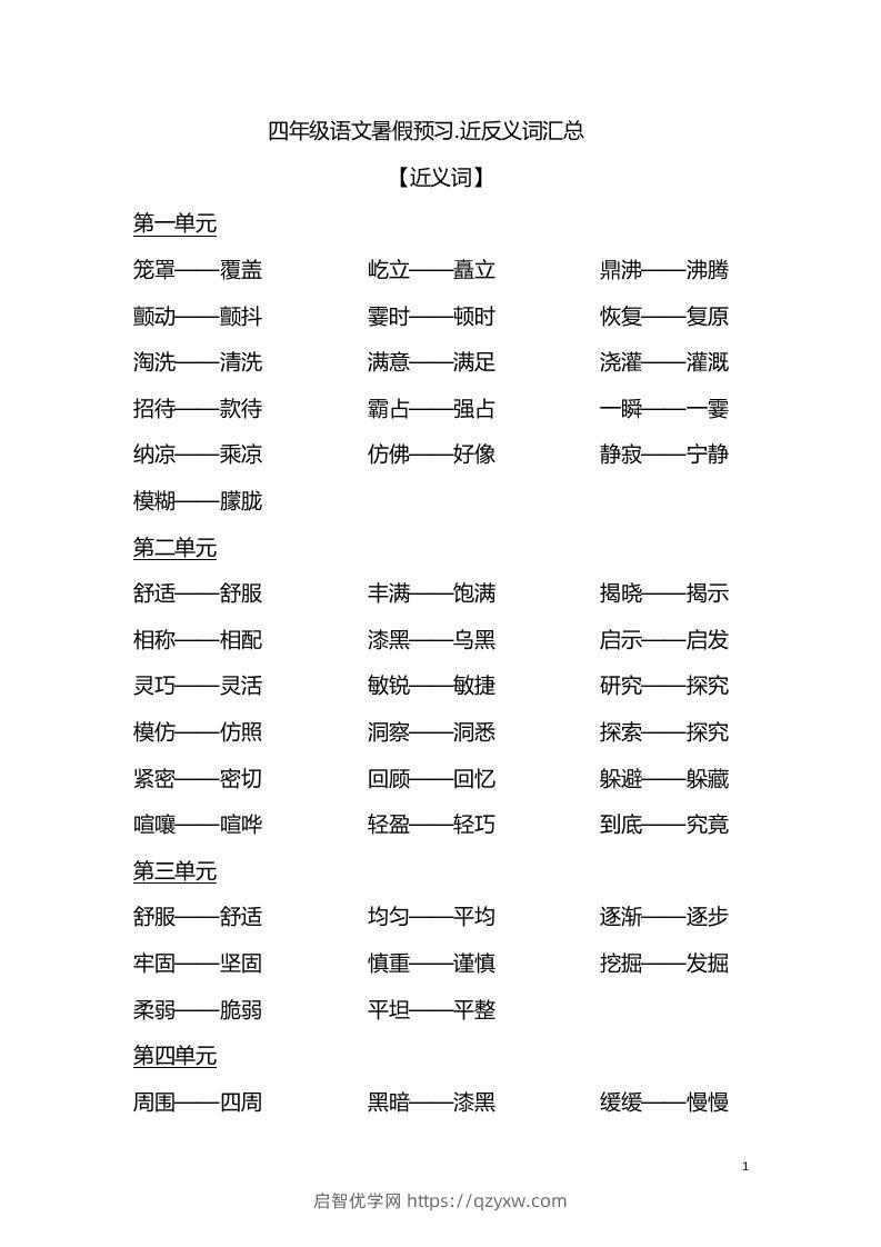 四（上）语文各单元近义词与反义词汇总-启智优学网