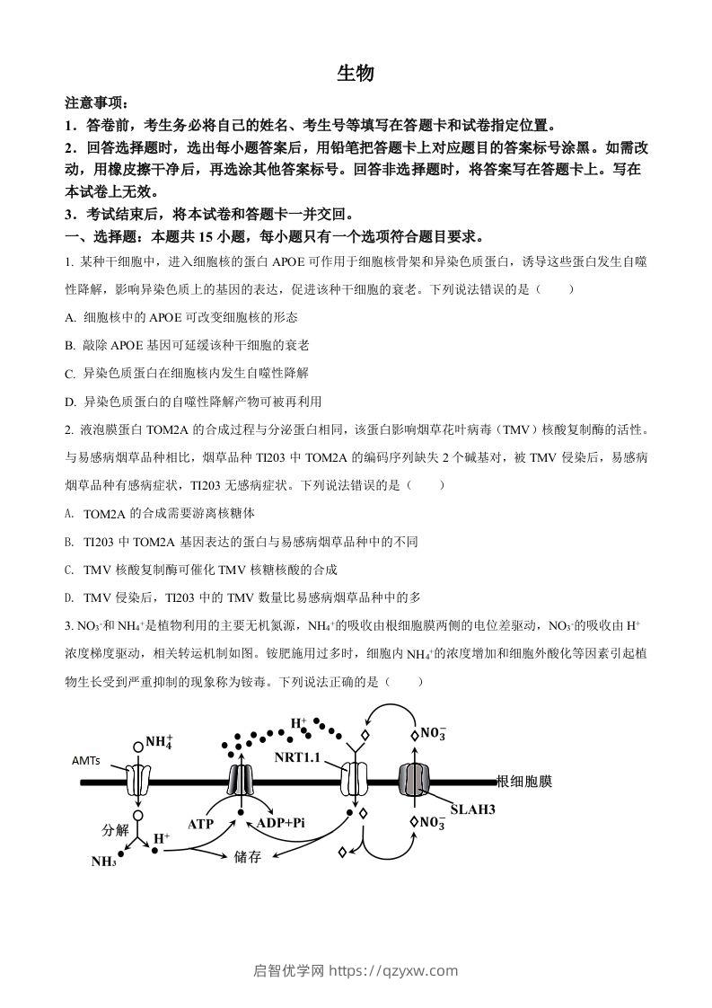 2022年高考生物试卷（山东）（空白卷）-启智优学网