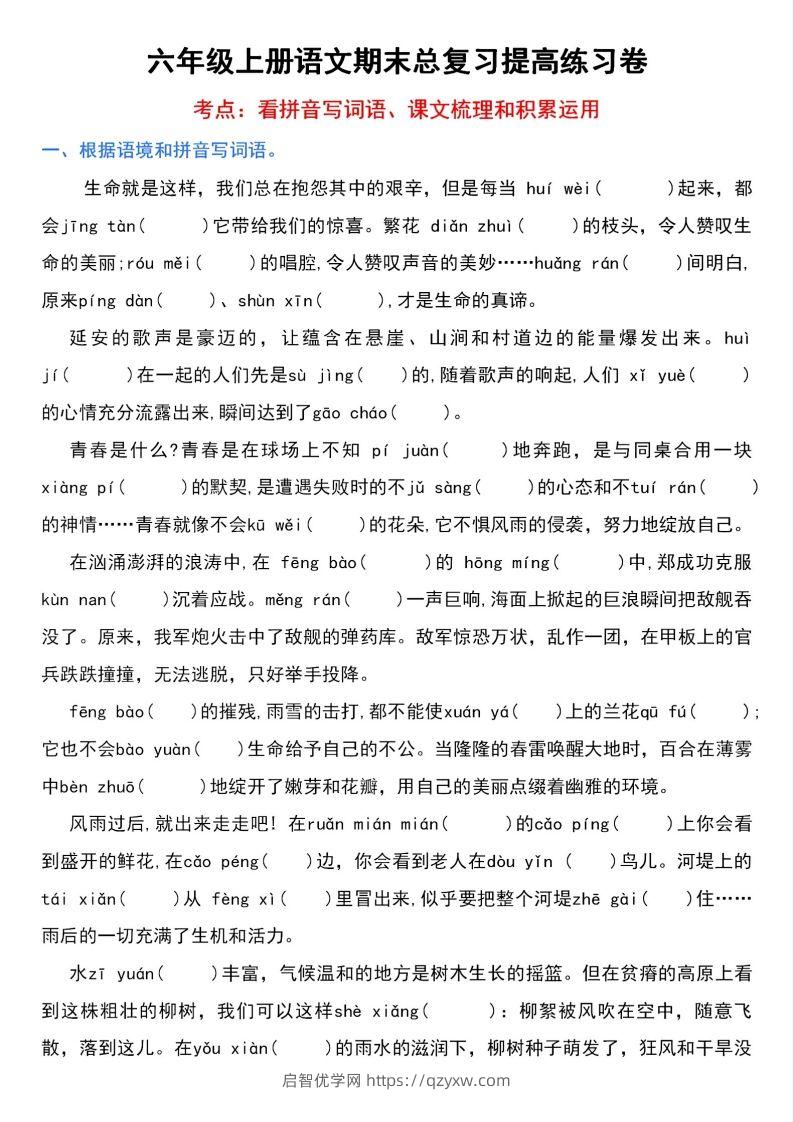 【期末总复习提高卷】六上语文-启智优学网