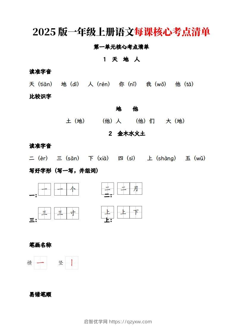 【2025版-每课核心考点清单】一上语文-启智优学网