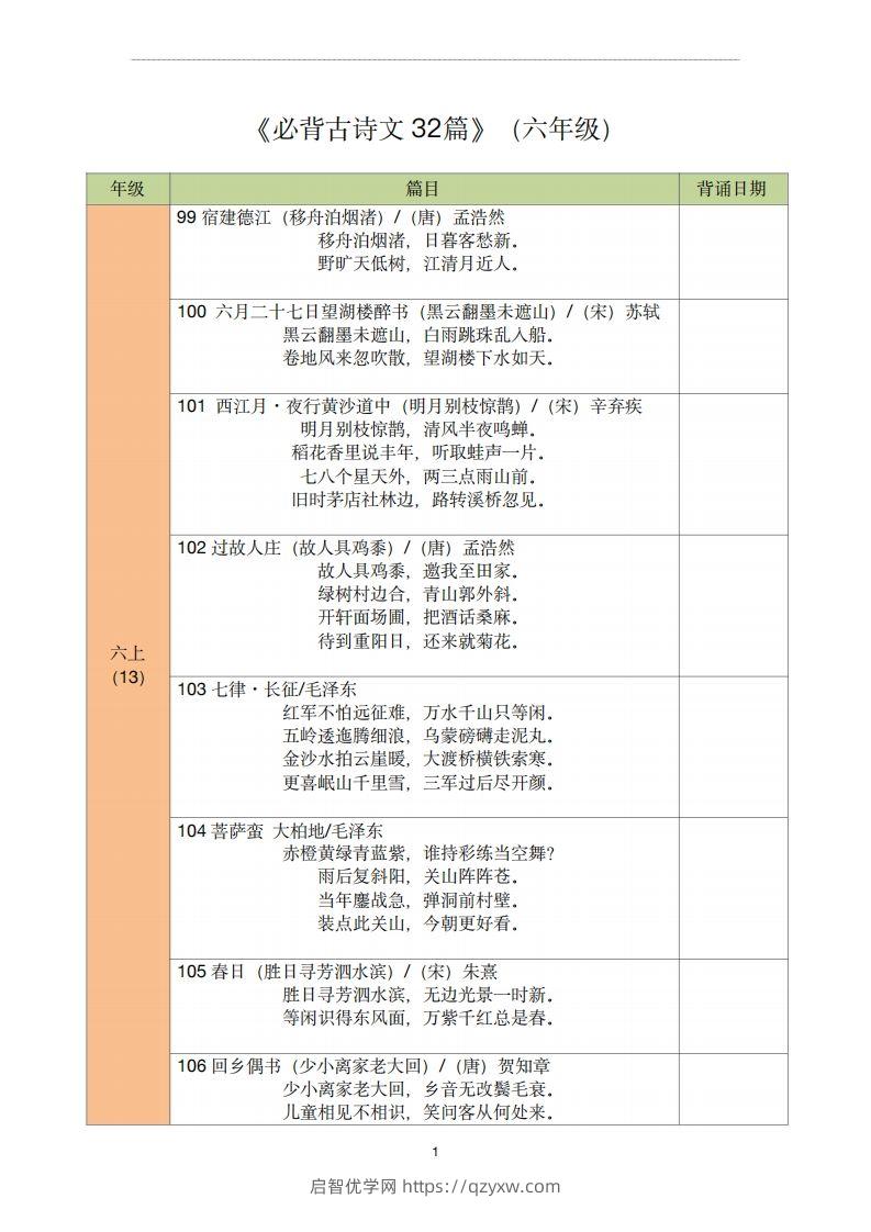 【古诗文背诵记录表】六年级语文-启智优学网