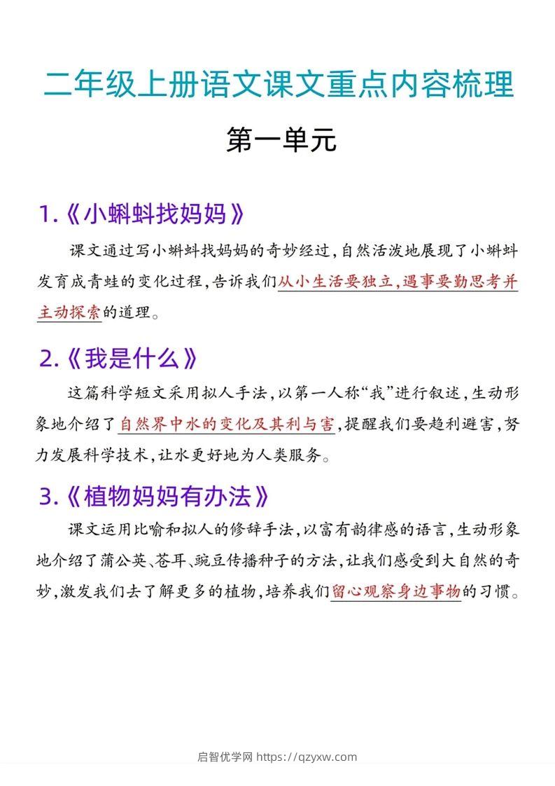 二年级语文上册课文重点内容梳理-启智优学网